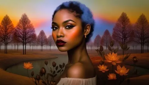  nude Beautiful nigerian girl, full dark curly hair, big dark almond eyes, full red lips, misty sky,an image of a woman's face with blue hair in a field,autumn background,african american woman,africa