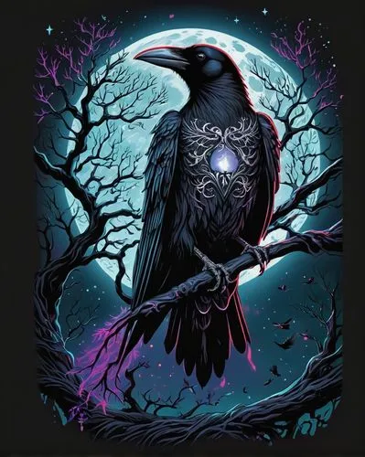 A striking gothic-inspired t-shirt design featuring an intricately detailed crow. The crow is perched on a gnarled tree branch, surrounded by a myriad of stars and a full moon. The overall design exud