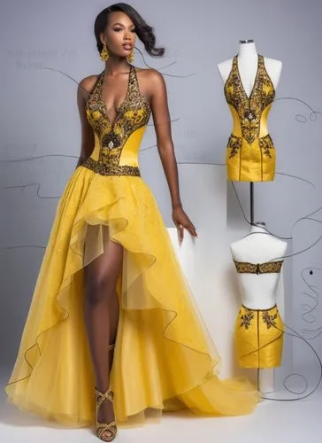 a plus size black woman, yellow dress with embroidered tulle on the bust, silk organza on the white skirt,the dress is on display at a store,makinwa,bonang,dress form,rasheeda,gold yellow rose,queen b