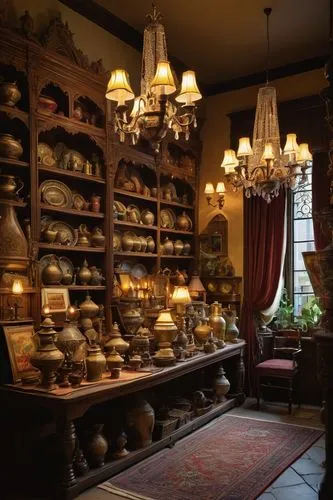 Ancient European-style architectural antique shop, ornate stone building, intricate carvings, stained glass windows, wooden sign with gold lettering, old-fashioned street lamps, cobblestone pavement, 