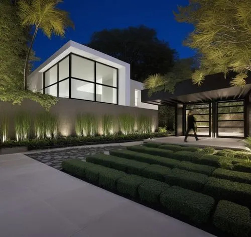 Diseño exterior de una casa moderna estilo minimalista combinando muros de color blanco con muros de tabique aparente, herrería de aluminio con cristal, fotografía hiperrealista, fotografía arquitectó