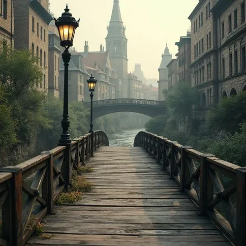 Rustic vehicular bridges, industrial steel structures, distressed concrete surfaces, weathered wooden planks, vintage lamp posts, nostalgic streetlights, misty morning atmosphere, soft warm lighting, 