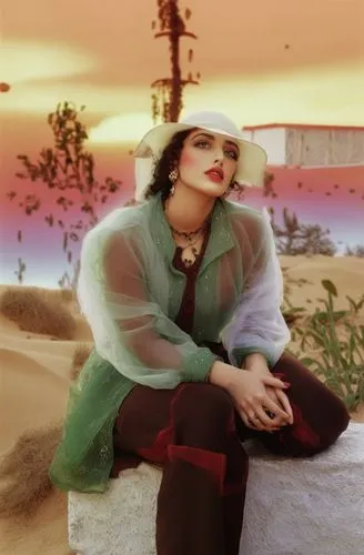 
 nude Beautiful arab girl, full dark curly hair, big green eyes, full red lips, misty sky,a woman sitting on top of a white wall wearing a white hat,madhubala,farrokhzad,kalthoum,retro woman,vidya,sr