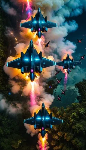 8k collage of 5 miniature f-117 bombers together dropping colorful neon flares at night. Long distance shot having all bombers in one frame ,a formation of fighter jets flying through the sky,lightnin