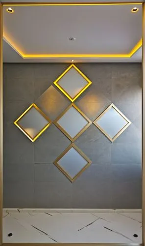 Convert this layout into a real gypsum decor for a room with hidden lighting.,a modern style tiled bathroom with gold and white squares,gold stucco frame,wall panel,gold wall,rotana,mahdavi,bronze wal