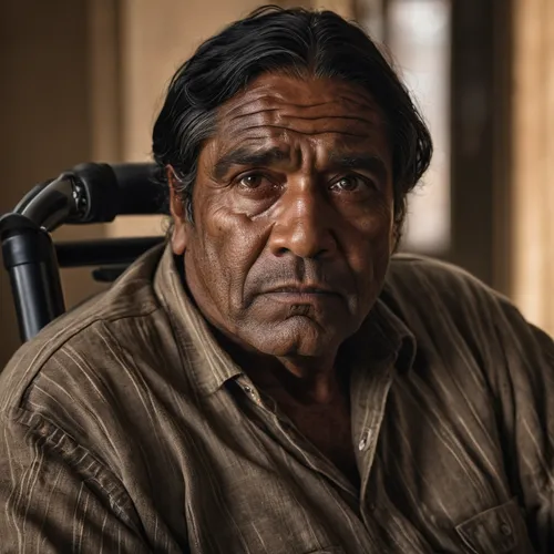 Forty-six year old Billy has dark russet skin,  black hair, black eyes,  and a deeply wrinkled face. He is heavyset and wheelchair bound. ,elderly man,pensioner,care for the elderly,elderly person,old