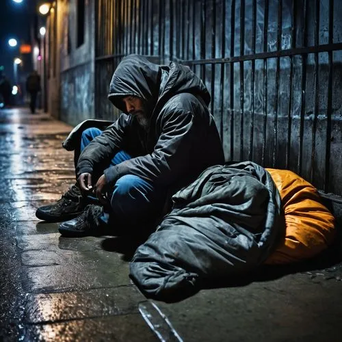 Homeless person, sleeping bag, worn-out shoes, dirty clothes, tired eyes, rough skin, urban setting, city street, cold concrete, metal benches, spiked railings, anti-homeless architecture, defensive d