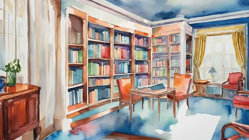 study room,reading room,blue room,watercolor cafe,watercolor background,watercolor tea shop,bookshelves,watercolor painting,tea and books,sitting room,study,watercolor,danish room,watercolor frame,pla