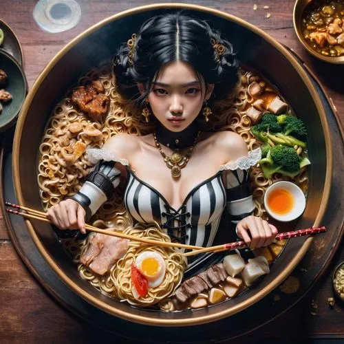 1girl, bare shoulders, bowl, chopsticks, food, indoors, jewelry, necklace, noodles, off shoulder, photo \(medium\), ramen, sitting, solo, striped,korean royal court cuisine,oyakodon,korean cuisine,suk