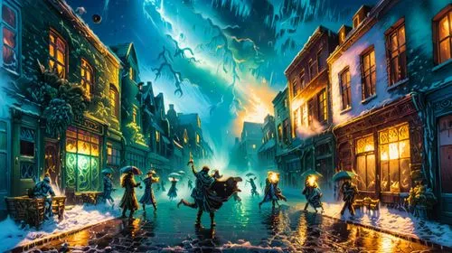 a colorful scene of people on the street in the city,fantasy picture,sci fiction illustration,fantasy art,fantasy city,nacht,night scene,Illustration,Realistic Fantasy,Realistic Fantasy 25