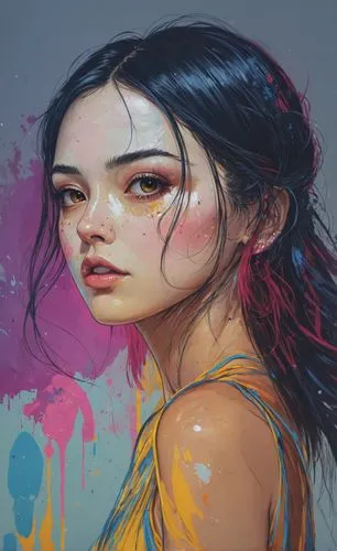 a girl in front of a colorful paint and watercolng background,mulan,wetpaint,painting technique,coomber,splash paint,youliang,Illustration,Japanese style,Japanese Style 18