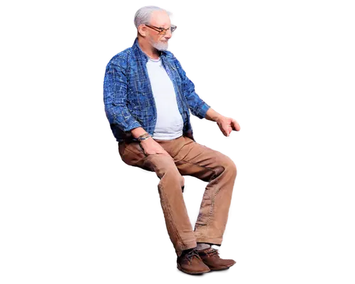 Old man, grandpa, gentle smile, wrinkles, gray hair, glasses, white beard, plaid shirt, brown trousers, comfortable shoes, sitting, relaxed pose, warm lighting, soft focus, shallow depth of field, cin