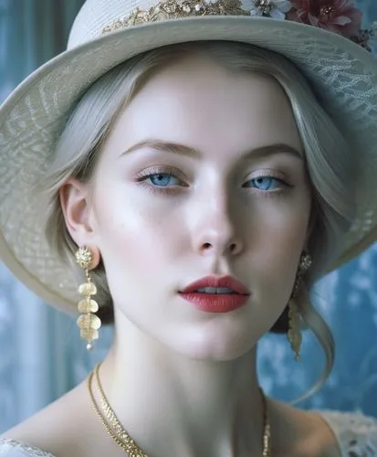 Close-up portrait of a young woman with striking features, displaying a thoughtful or introspective expression. Her face is highlighted by bright blue eyes, red lipstick, and delicate freckles dusting