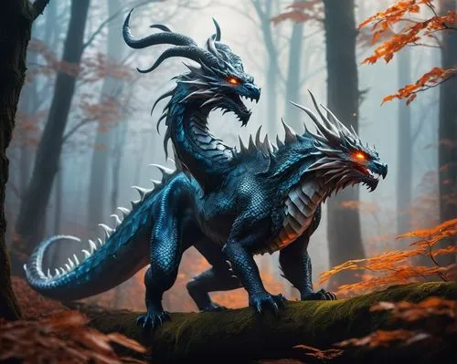 Fantasy creature, dragon-like, scales shimmering iridescent blue, fiery orange eyes, fluffy white fur around neck, regal horns, muscular body, sharp claws, ancient trees, mystical forest, misty atmosp