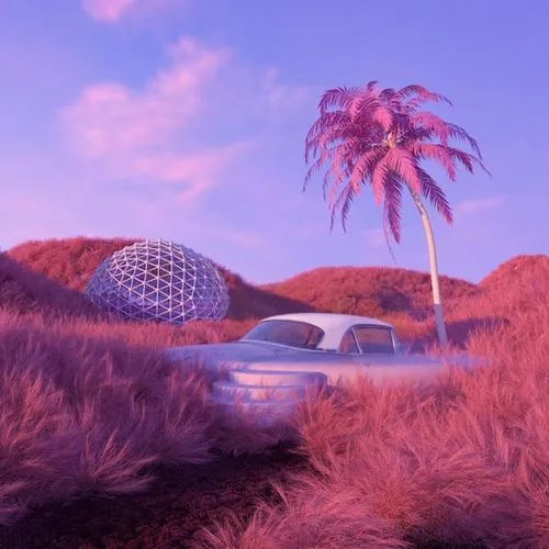 12334,futuristic landscape,extrasolar,virtual landscape,golfball,tropicana,oasis,autopia,desert,barotropic,deserticola,3d render,3d car wallpaper,riviera,subtropics,lowpoly,pink grass,3d background,ec