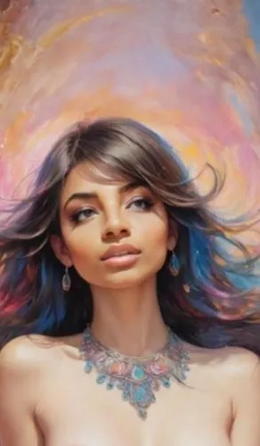 this is a painting of a woman with long hair and a necklace,fantasy art,inanna,lumidee,adnate,art painting,airbrush