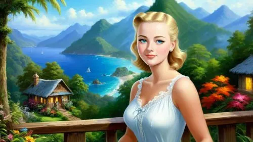 Romantic masterpiece oil painting, beautiful girl portrait, nostalgic 1950's style kitsch, vibrant rainforest,  mountaintop cottage landscape, lush tropical jungle paradise, summer beach scenery, by T