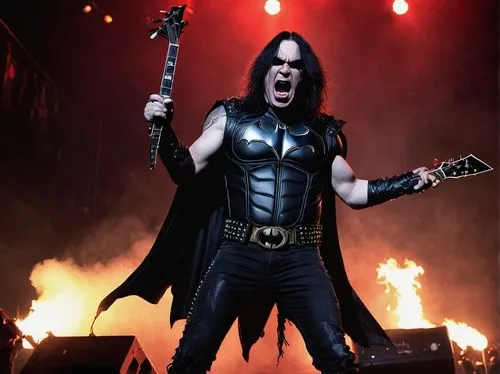 Dark Knight Batman, Ozzy Osbourne, muscular male, black cape, bat emblem, bold eyebrows, intense eyes, pale skin, messy black hair, heavy metal makeup, black leather jacket, torn jeans, silver studded