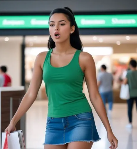 The beautiful Moroccan girl with the black hair in a ponytail is shopping in the mall.  She wears a green tank top and a short denim skirt.  On her feet are white sneakers.  And she blows a kiss.,a wo