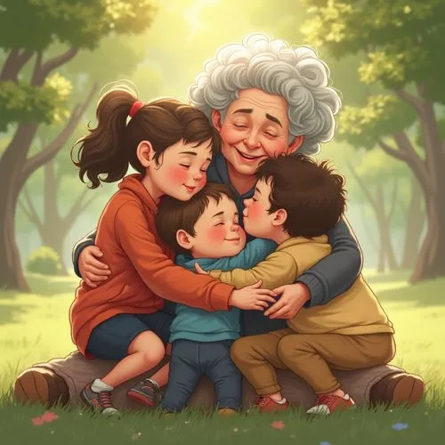 aile,kids illustration,grandchildren,the mother and children,abuela,mother and children