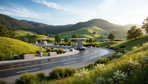 reichsautobahn,highway roundabout,bundesautobahn,autobahnen,kleinbahn,landscape background,futuristic landscape,alpine drive,alpine landscape,mountain pass,mountain road,mountain highway,render,green valley,3d rendering,roundabout,autobahns,superhighways,rolling hills,green landscape