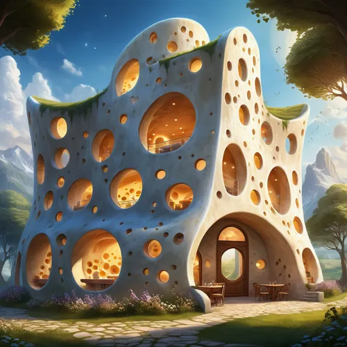 cubic house,mushroom landscape,honeycomb structure,building honeycomb,trypophobia,cube house,the ruins of the,peter-pavel's fortress,fairy chimney,ruin,mushroom island,ruins,bee house,gold castle,ancient house,igloo,charcoal kiln,honeycomb stone,fantasy landscape,crispy house,Illustration,Realistic Fantasy,Realistic Fantasy 01