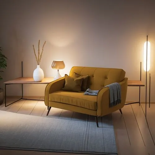 an yellow couch sitting in a living room next to a white vase,anastassiades,foscarini,minotti,danish furniture,vitra,floor lamp,Photography,General,Realistic