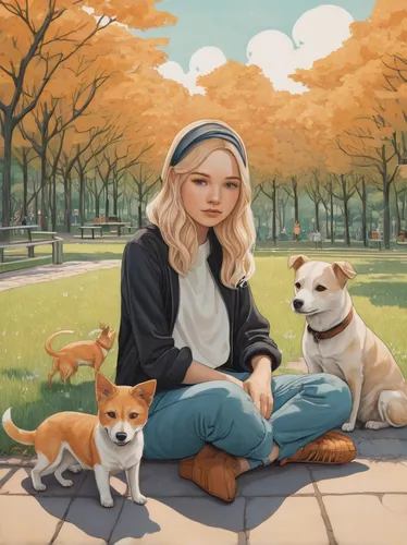 Create a heartwarming dialogue between Milena Smit and a stray dog in a park.,girl with dog,dog illustration,child fox,blond girl,korean jindo dog,portrait background,blonde girl,child in park,blonde 