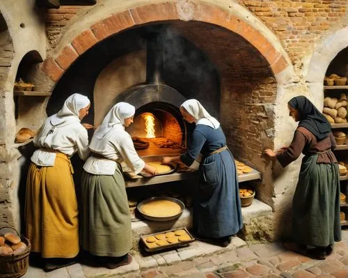 many figures of medieval people, a painting and layout style with the perspective of Pieter Bruegel, A captivating painting of medieval nuns diligently baking bread in the oven of a monastery bakery. 