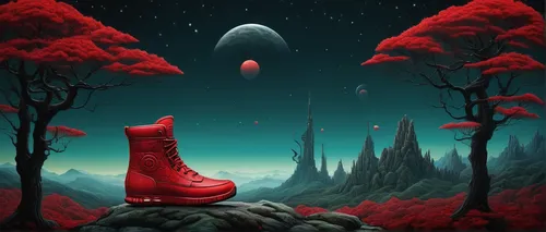 In a sci-fi setting, imagine a futuristic world where Red Octobers are high-tech footwear that grants incredible powers to their wearers.,moon boots,red shoes,red planet,sci fiction illustration,moon 