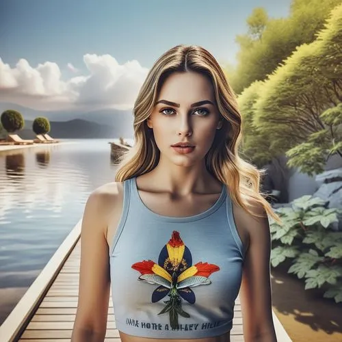 make realistic,a woman wearing a  top next to a river,tropico,world digital painting,lotus art drawing,digital painting,flower painting,lotus png,Photography,General,Realistic