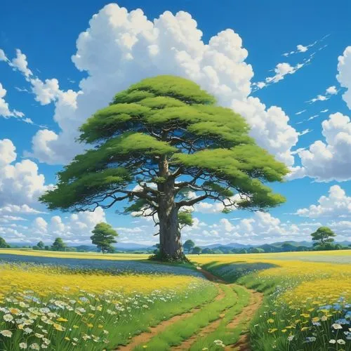 landscape background,isolated tree,yazaki,meadow landscape,blooming field,lone tree,nature background,springtime background,cartoon video game background,spring background,ghibli,defend,flourishing tree,oak tree,blossom tree,sakura tree,tree,paisaje,yggdrasil,mushroom landscape,Photography,General,Realistic