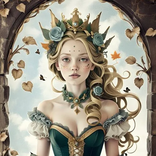 an artistic woman in a green outfit with blue flowers on her head,margairaz,margaery,frigga,fantasy portrait,fairy tale character,enchantress