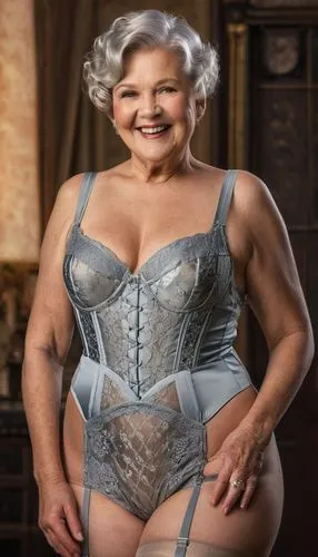 1920's radiatingly chubby 70yo smiling woman with silver updo hair, in laced one piece longline girdle with straps and stockings, ultrarealistic skin texture,widdecombe,margolyes,abuela,grandmama,mary