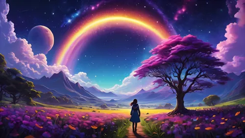 fantasy picture,purple landscape,dreamscape,astral traveler,fantasy landscape,wonderlands,lucidity,alien planet,starclan,urantia,entheogens,dream world,the mystical path,fantasy art,universe,unicorn background,ultraviolet,world digital painting,extradimensional,cosmically,Illustration,Japanese style,Japanese Style 05