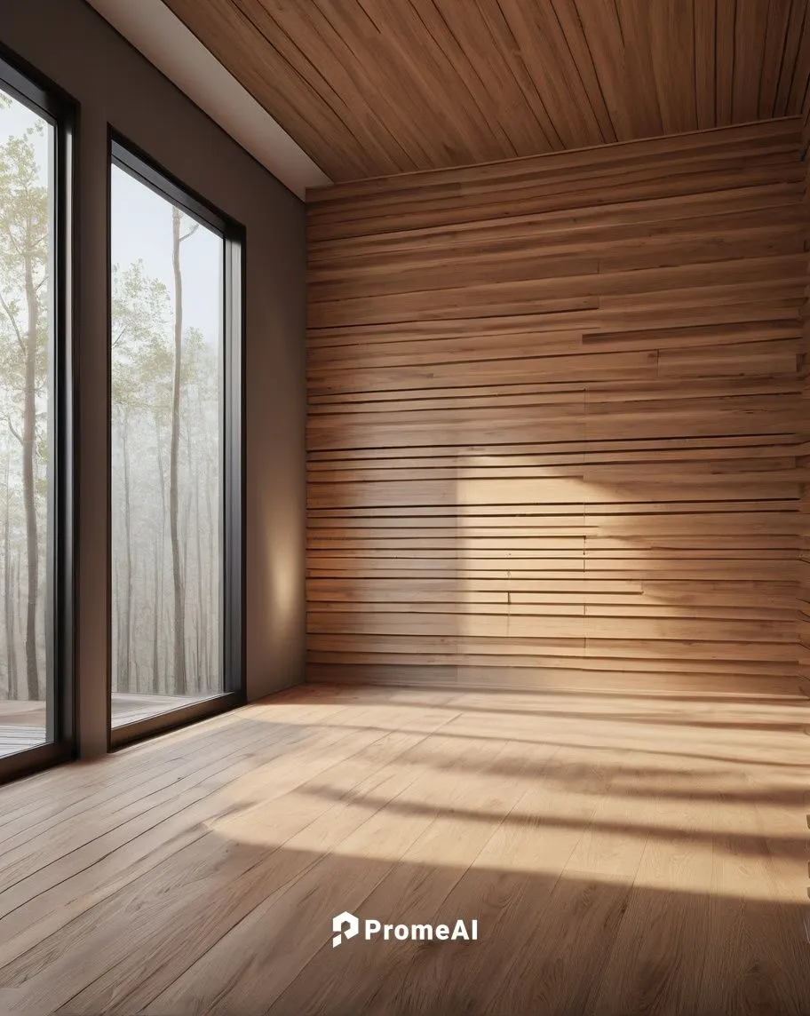 Modern architectural interior, wooden wall panels, horizontal slats, oak wood texture, natural material, minimalist decor, empty room, floor-to-ceiling windows, soft indirect lighting, 3/4 composition