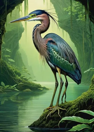 A stunning illustration of a beautiful, green heron-like creature standing gracefully with its long, slender legs and elegant neck. Its feathers are made of various shades of green and the bird appear