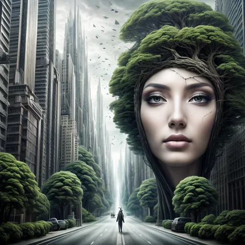 girl with tree,dryad,photo manipulation,sci fiction illustration,image manipulation,photoshop manipulation,photomanipulation,tree thoughtless,world digital painting,fantasy portrait,digital compositing,green forest,green tree,fantasy art,fantasy picture,art deco woman,treetop,surrealistic,tree crown,surrealism