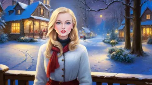 Romantic masterpiece oil painting, cute girl portrait, nostalgic 1950's style kitsch, breathtaking beautiful winter kingdom landscape, majestic fantasy scenery, evening lighting, highly detailed highr