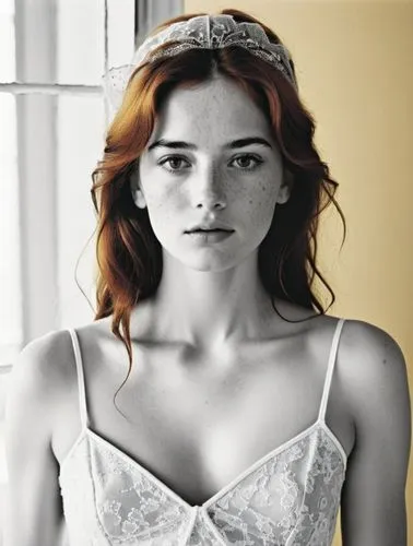 The same scene as a black and white photo. However, the freckles should be visible.,a woman with red hair wearing a white gown,dempsie,romanoff,mesquida,triss,demelza,wedding dress,Photography,Black a