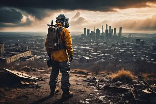 Post-apocalyptic wasteland, ruins of a skyscraper, broken glass and steel beams, destroyed cars, abandoned streets, dark clouds, toxic gas, hazmat suit, respirator mask, ripped clothing, rugged boots,