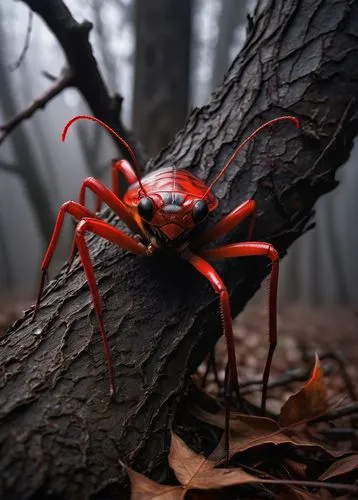 Dark, evil cricket, malevolent eyes glowing red, black shell with razor-sharp edges, menacing mandibles, spindly legs, standing on a twisted, ancient tree root, surrounded by dead leaves and withered 