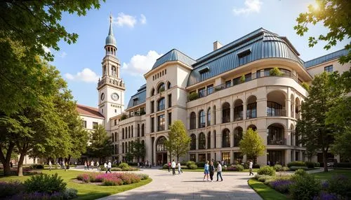 Grand university building, ornate roof tiling, Gothic arches, ribbed vaults, flying buttresses, stained glass skylights, intricate stone carvings, classical columns, symmetrical fa\u00e7ade, imposing 