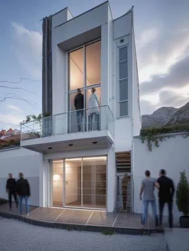 Exterior design of a minimalist loft, with double height window, in an urban atmosphere, white and gray colors, balcony with glass railing, ,muizenberg,modern house,cubic house,modern architecture,sma