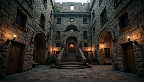 Ancient watchtower, rugged stone walls, fortified battlements, grandiose archways, ornate carvings, rustic wooden doors, worn stone stairs, mysterious torch lighting, dramatic shadows, imposing fortif