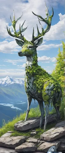 Draw a serene and peaceful fanart displaying the beauty of Terrasen.,elk,stag,manchurian stag,caribou,deer illustration,antlers,deer bull,elk bull,elk reposing on lateral moraine,european deer,deer dr