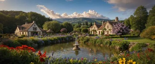 пусто,flowers surround a small pond with water in the middle,giverny,cottage garden,fairyland,english garden,rivendell,fairy tale castle