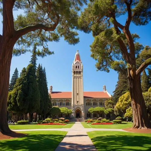 Berkeley University campus, Sather Tower, California Mission Revival style, beige walls, red-tiled roofs, intricate stone carvings, ornate details, grand entrance, sprawling green lawns, blooming flow