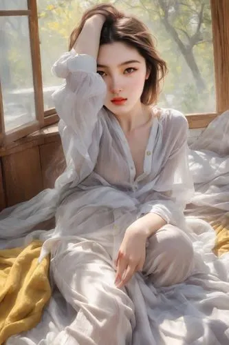 huayi,xuebing,girl in bed,xiaoqing,woman on bed,pajama,tonghe,pyjama,xiaofei,bingqian,joy,zuoying,doona,yifei,digital painting,pale,yanzhao,yasumasa,hanbok,zhulin,Photography,Realistic