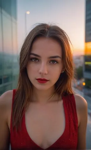 a portrait half body of caucasian girl 22 years old, brown hair, brown eyes, red lips, wearing a red dress stand up in a street of Madrid City close to metro station at sunset in a rainy day in4k,a wo